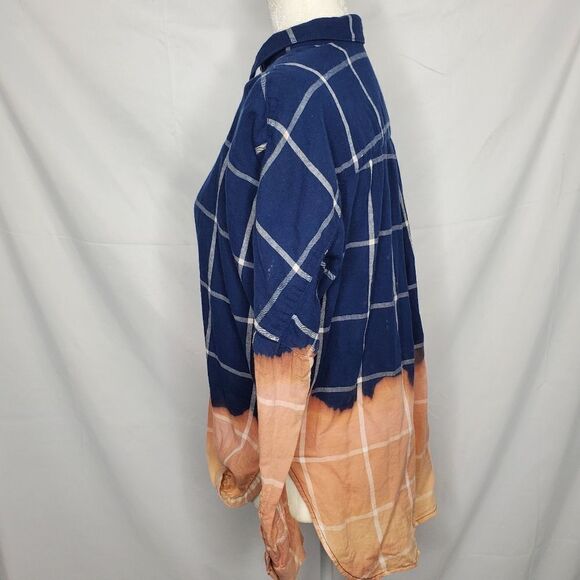 LAC BLEU grunge shirt twist front custom bleach dyed plaid‎ top S - Picture 2 of 8